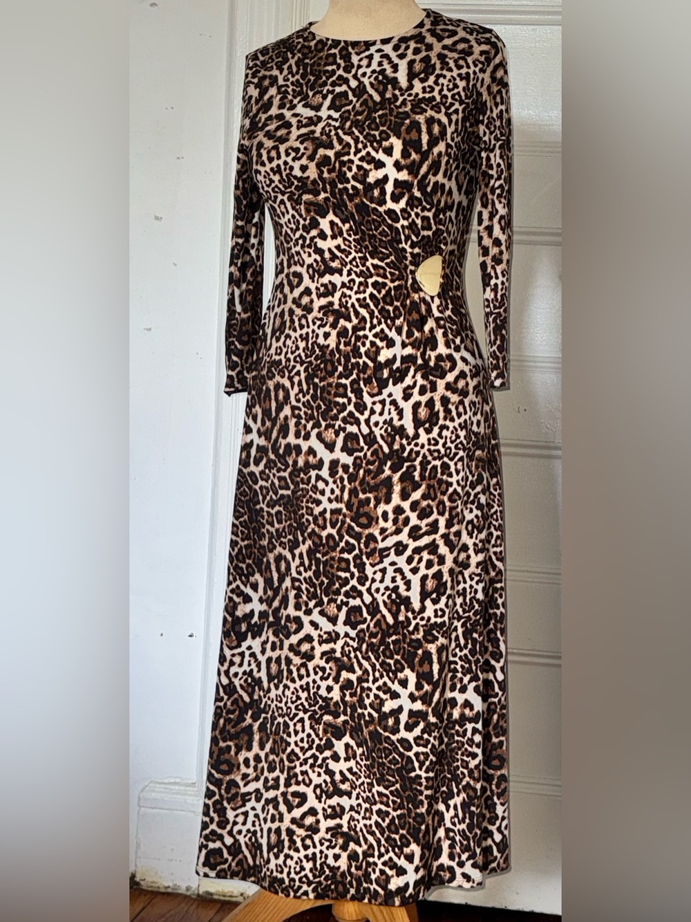 Leopard Print 3/4 Long Sleeve Maxi Dress - Brown